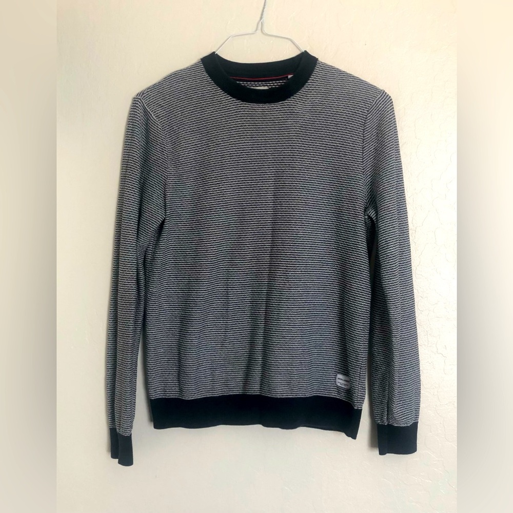 JACK & JONES Mens Blue/Black Knit Crew Neck Striped Cotton Pullover Size S